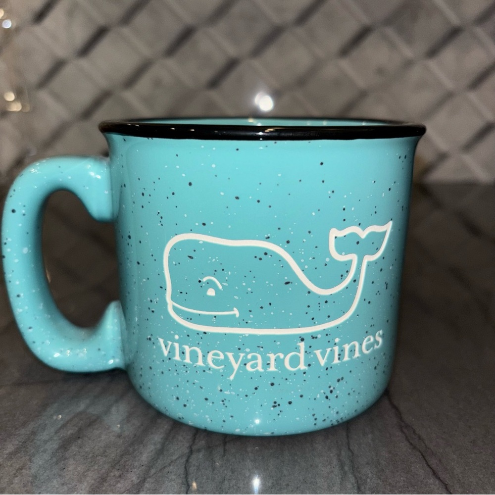 Vineyard Vines NEW Campfire whale logo ceramic coffee mug speckled aqua blue